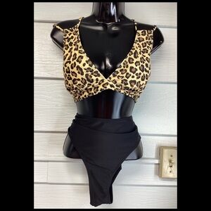 Leopard Print Twist Front Bikini Top with High Waist Black Bottoms.48